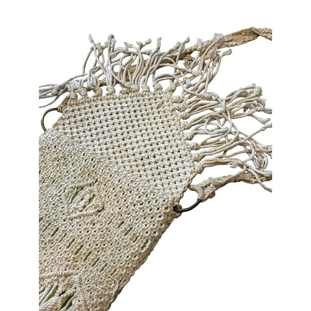 Vintage Macrame Fringe Crossbody Bag Cream Boho Woven Festival Purse Small